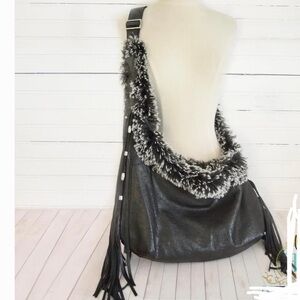 Black Leather Beaded Fringe Sling Dog Carrier